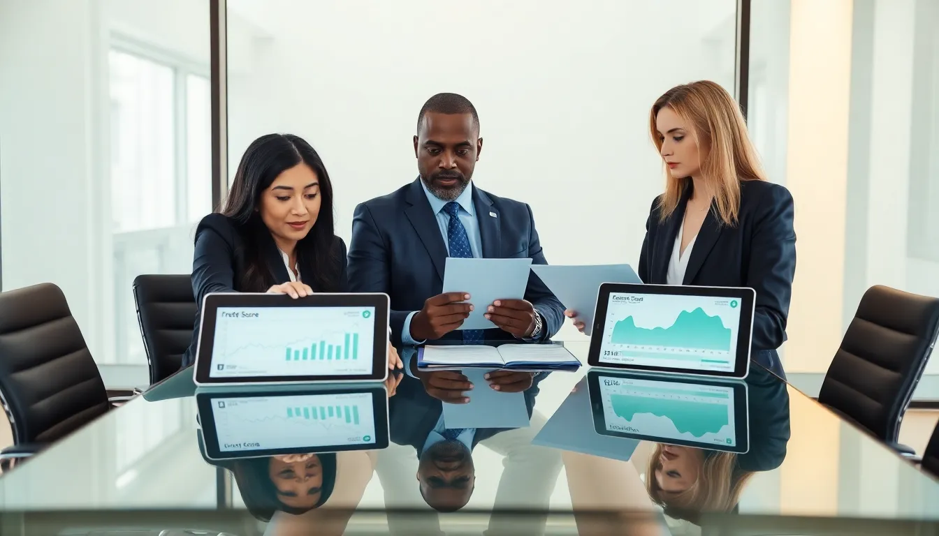 diverse team discussing credit scores in a modern office.