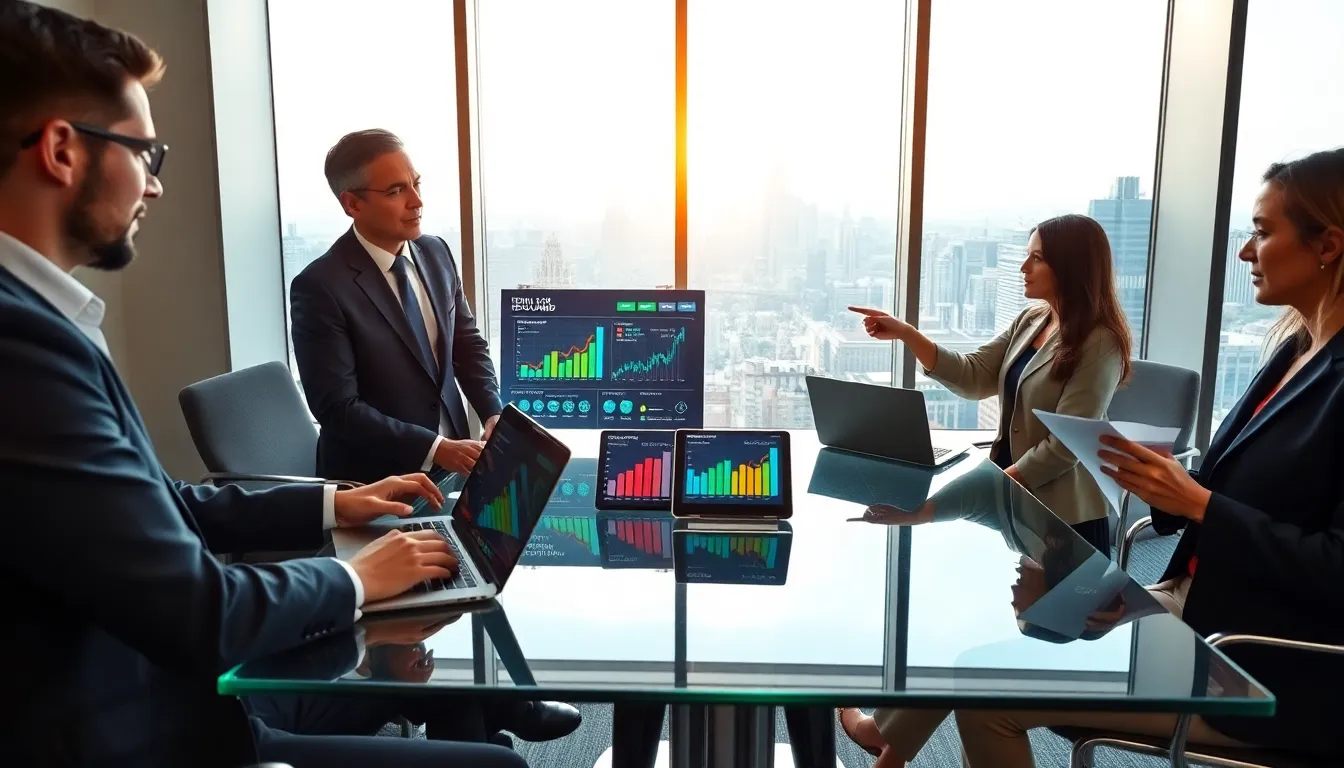 diverse professionals discussing a global tech fund in a modern office.